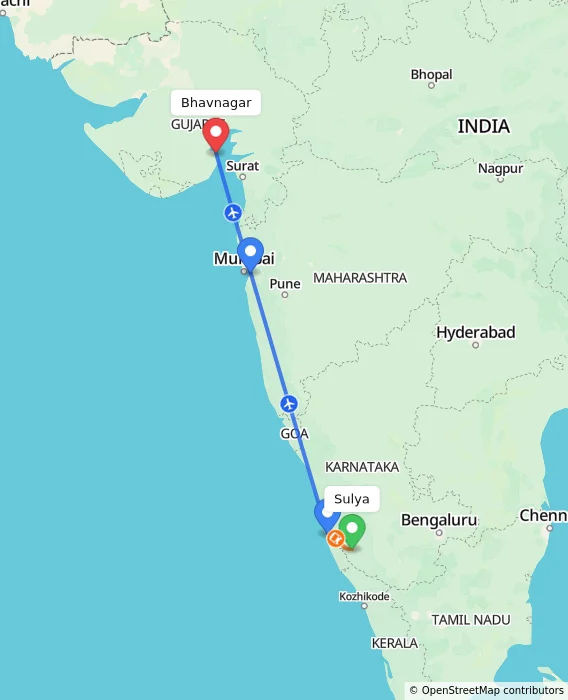 Route map showing distance and travel time from Sulya, India to Bhavnagar, India