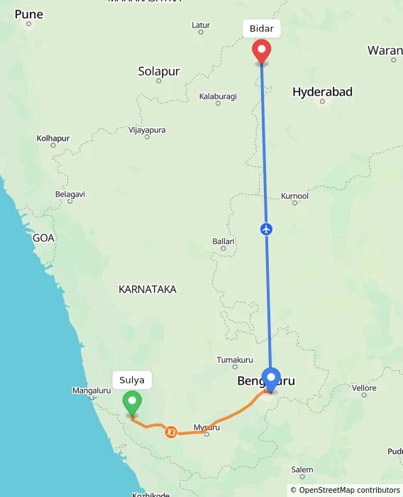 Route map showing distance and travel time from Sulya, India to Bidar, India