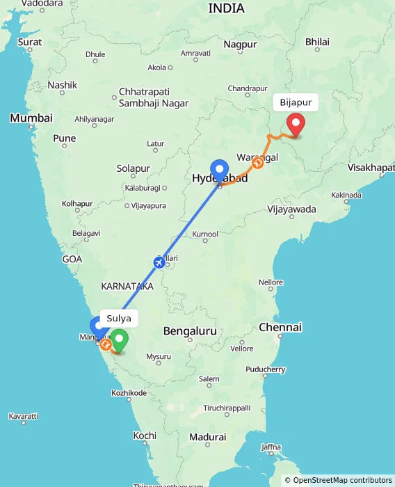 Route map showing distance and travel time from Sulya, India to Bijapur, India