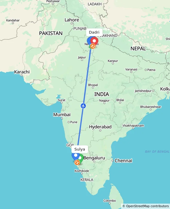 Route map showing distance and travel time from Sulya, India to Dadri, India