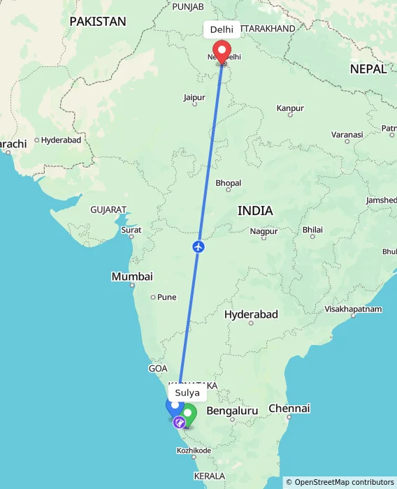 Route map showing distance and travel time from Sulya, India to Delhi, India