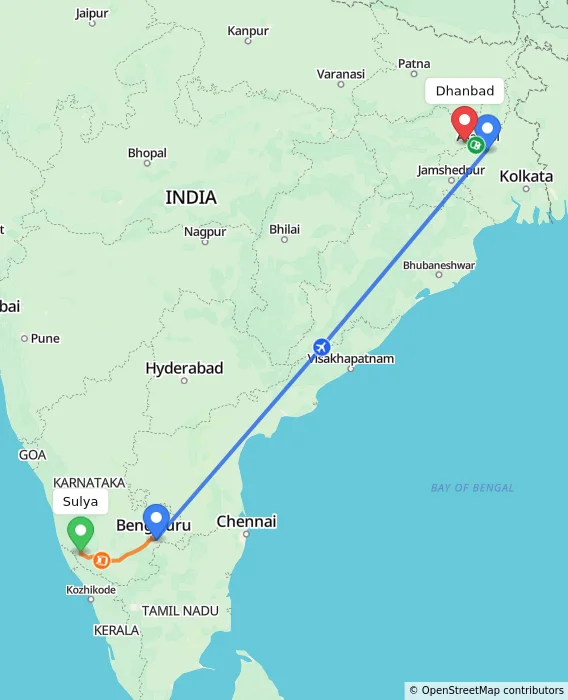 Route map showing distance and travel time from Sulya, India to Dhanbad, India