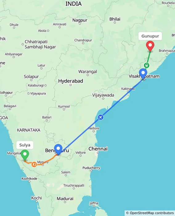 Route map showing distance and travel time from Sulya, India to Gunupur, India