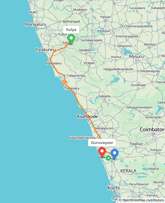 Route map showing distance and travel time from Sulya, India to Guruvayoor, India