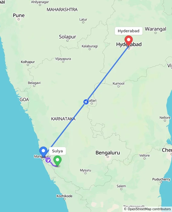 Route map showing distance and travel time from Sulya, India to Hyderabad, India