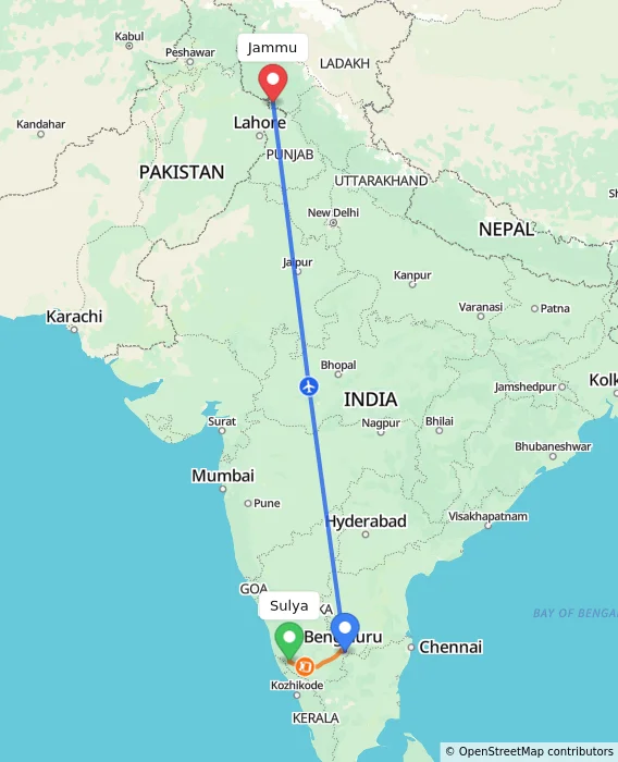Route map showing distance and travel time from Sulya, India to Jammu, India