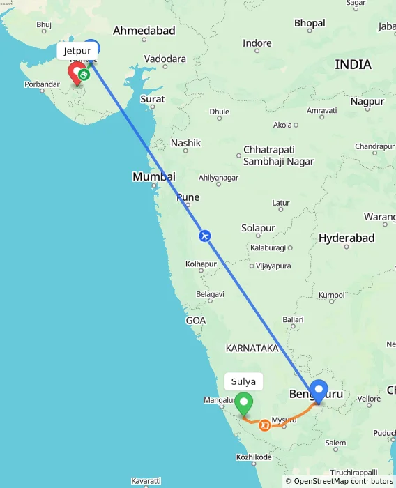 Route map showing distance and travel time from Sulya, India to Jetpur, India