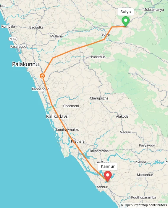 Route map showing distance and travel time from Sulya, India to Kannur, India