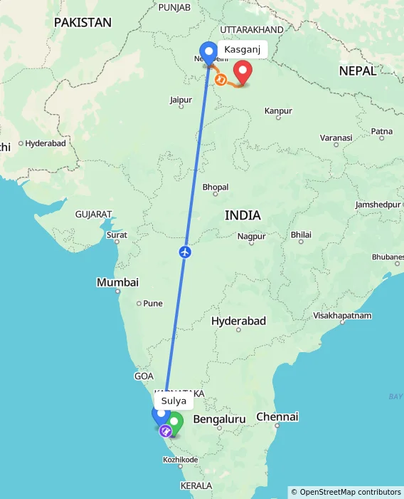 Route map showing distance and travel time from Sulya, India to Kasganj, India