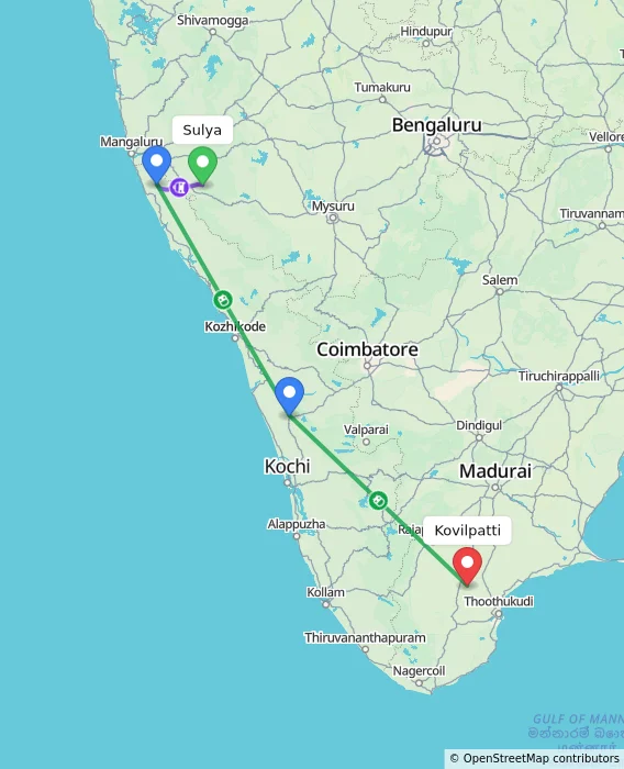 Route map showing distance and travel time from Sulya, India to Kovilpatti, India