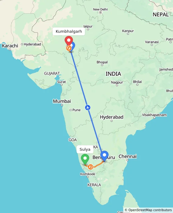 Route map showing distance and travel time from Sulya, India to Kumbhalgarh, India