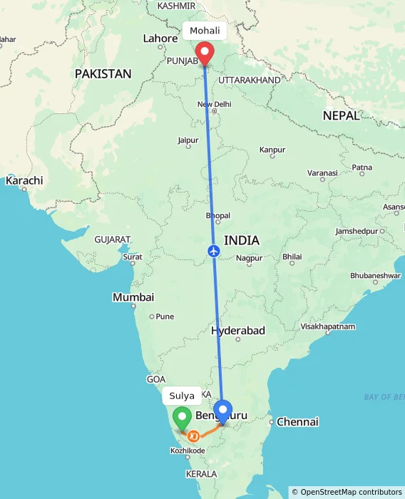 Route map showing distance and travel time from Sulya, India to Mohali, India
