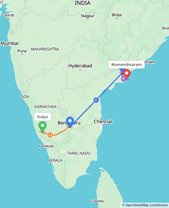 Route map showing distance and travel time from Sulya, India to Mummidivaram, India