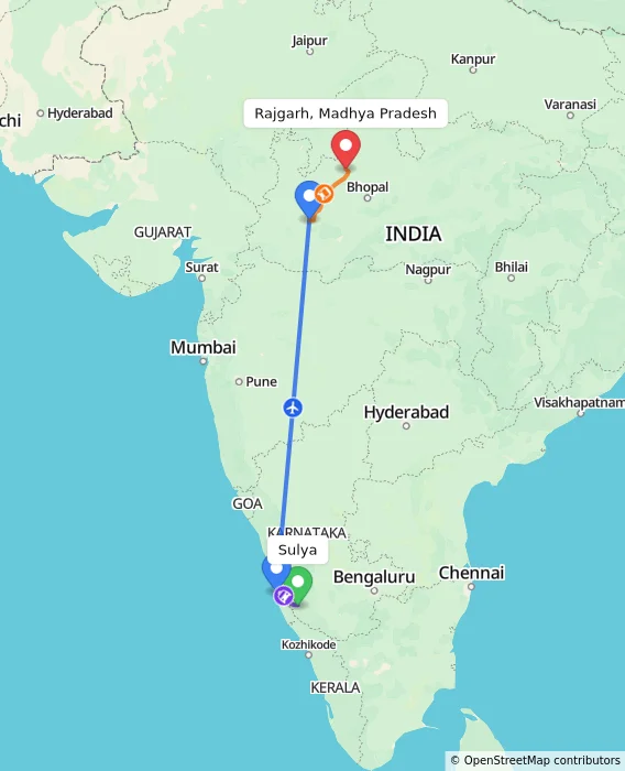 Route map showing distance and travel time from Sulya, India to Rajgarh, Madhya Pradesh, India