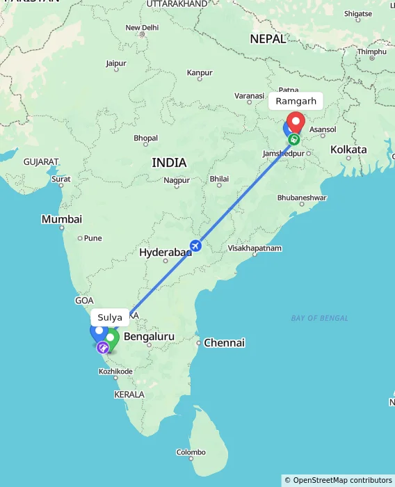 Route map showing distance and travel time from Sulya, India to Ramgarh, India