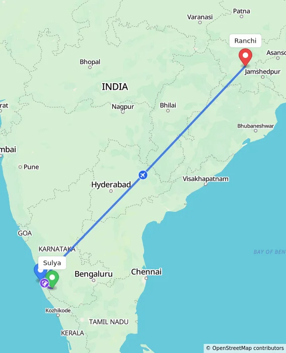 Route map showing distance and travel time from Sulya, India to Ranchi, India