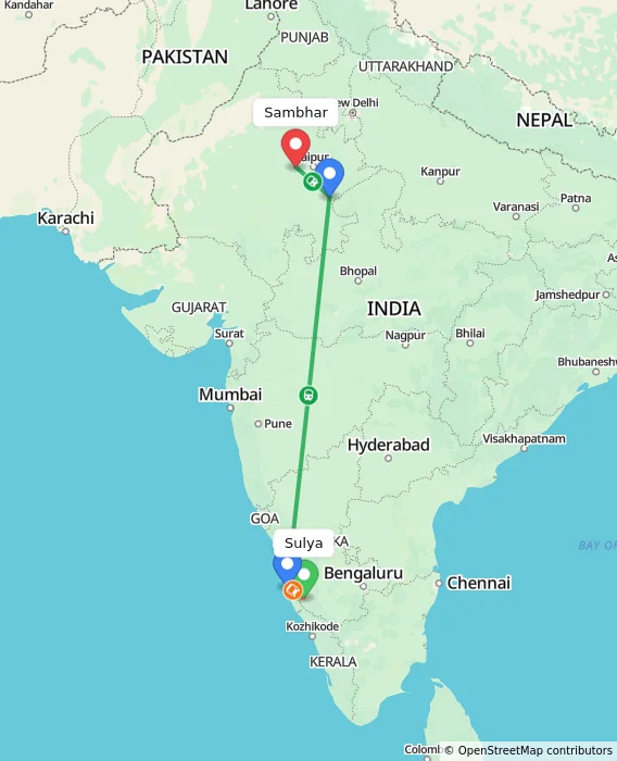 Route map showing distance and travel time from Sulya, India to Sambhar, India