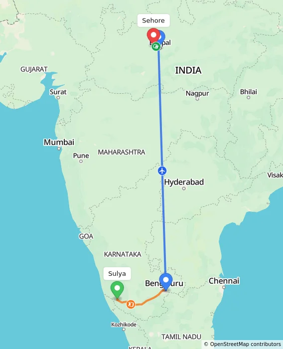 Route map showing distance and travel time from Sulya, India to Sehore, India