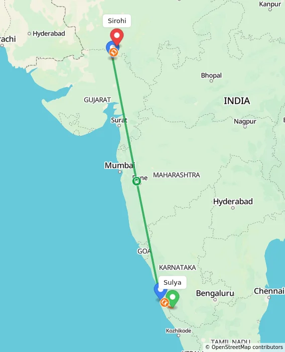 Route map showing distance and travel time from Sulya, India to Sirohi, India