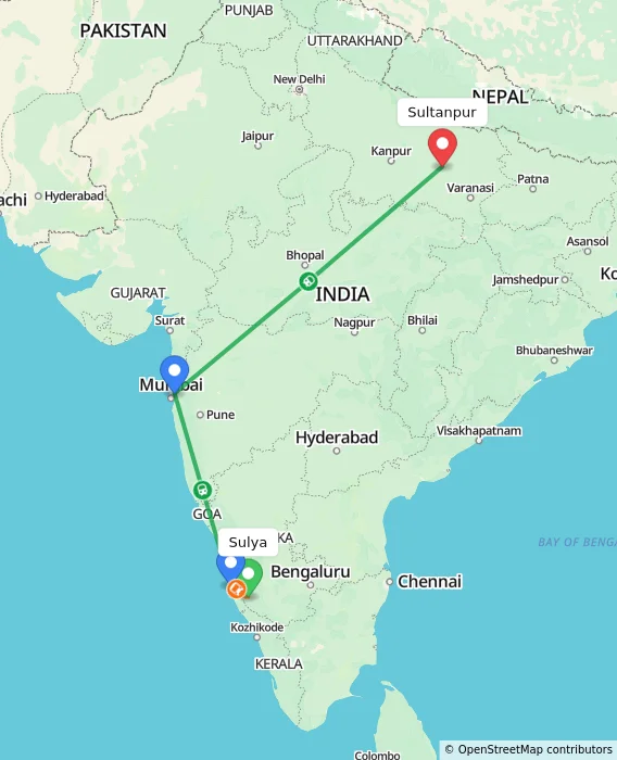 Route map showing distance and travel time from Sulya, India to Sultanpur, India