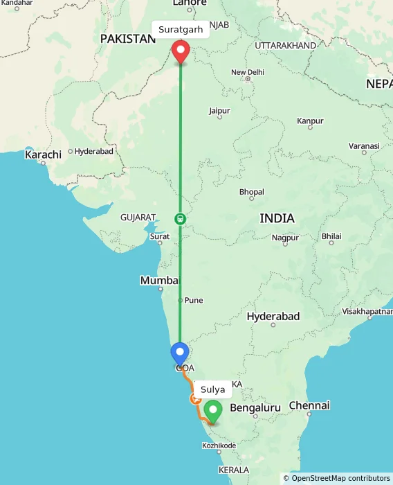 Route map showing distance and travel time from Sulya, India to Suratgarh, India
