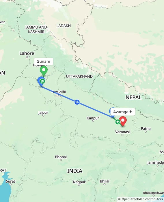 Route map showing distance and travel time from Sunam, India to Azamgarh, India