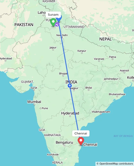Route map showing distance and travel time from Sunam, India to Chennai, India