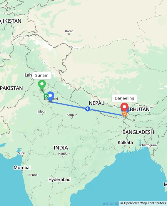 Route map showing distance and travel time from Sunam, India to Darjeeling, India