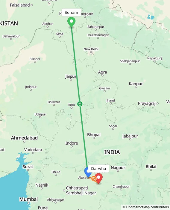 Route map showing distance and travel time from Sunam, India to Darwha, India
