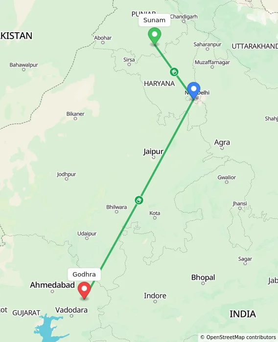 Route map showing distance and travel time from Sunam, India to Godhra, India