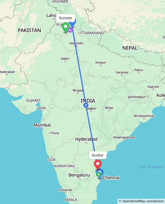 Route map showing distance and travel time from Sunam, India to Gudur, India