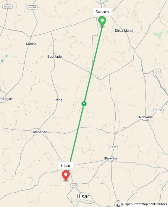 Route map showing distance and travel time from Sunam, India to Hisar, India