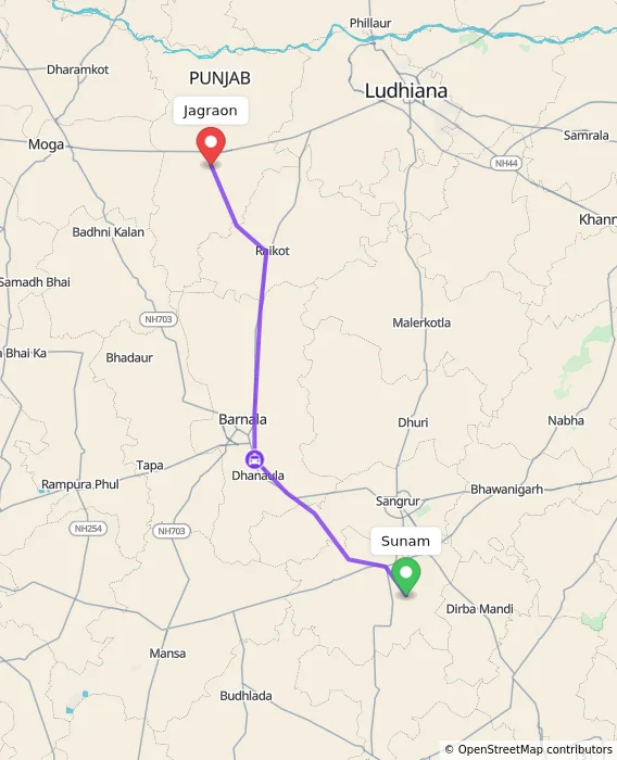 Route map showing distance and travel time from Sunam, India to Jagraon, India