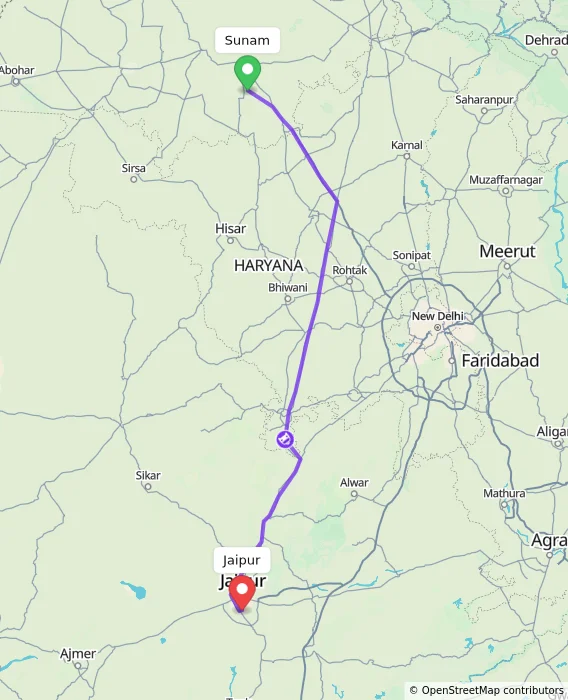 Route map showing distance and travel time from Sunam, India to Jaipur, India