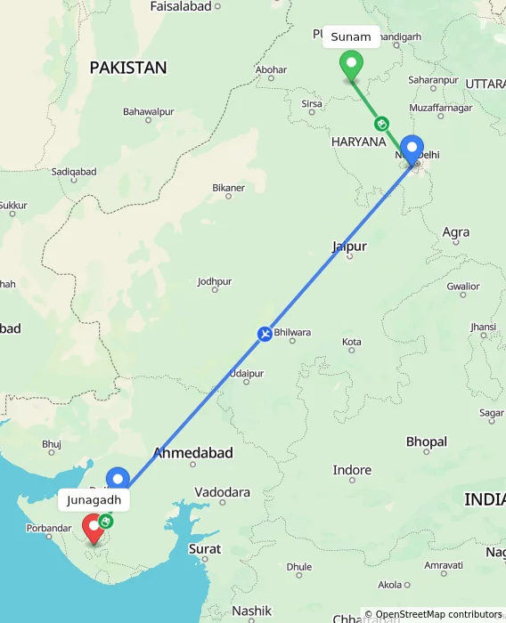 Route map showing distance and travel time from Sunam, India to Junagadh, India