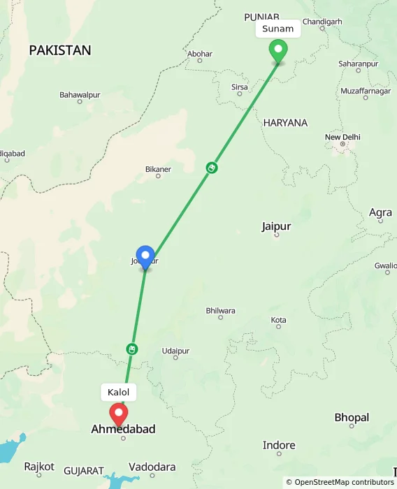 Route map showing distance and travel time from Sunam, India to Kalol, India