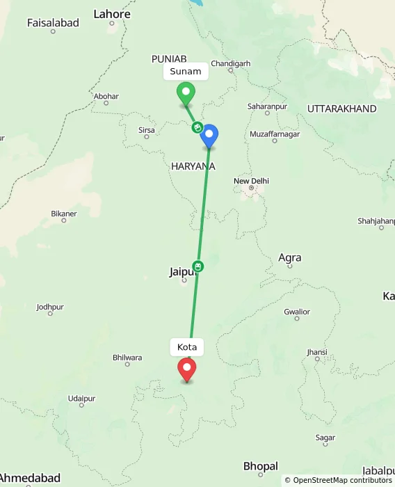 Route map showing distance and travel time from Sunam, India to Kota, India