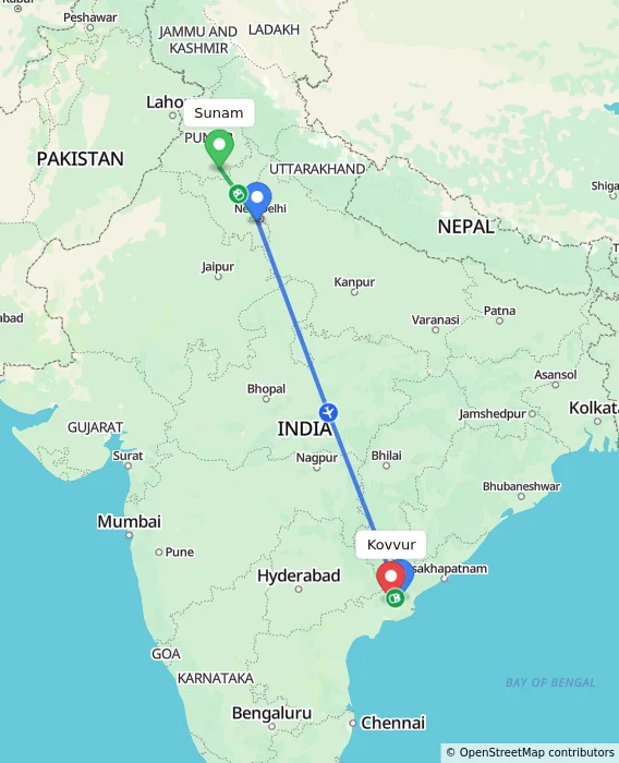 Route map showing distance and travel time from Sunam, India to Kovvur, India