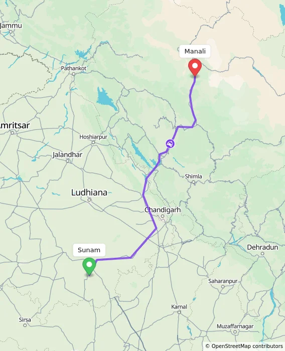 Route map showing distance and travel time from Sunam, India to Manali, India