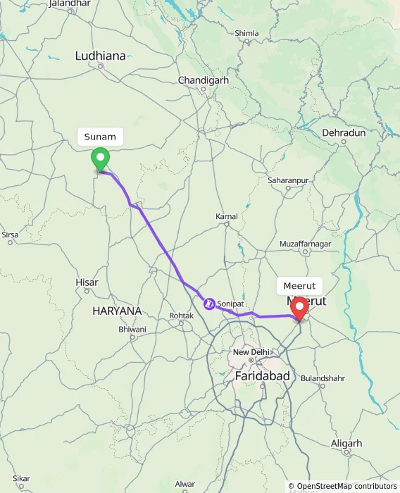 Route map showing distance and travel time from Sunam, India to Meerut, India