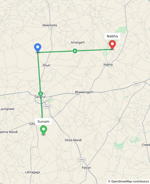 Route map showing distance and travel time from Sunam, India to Nabha, India