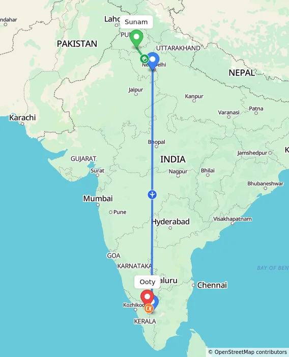 Route map showing distance and travel time from Sunam, India to Ooty, India