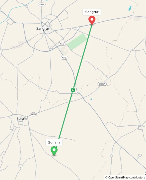 Route map showing distance and travel time from Sunam, India to Sangrur, India