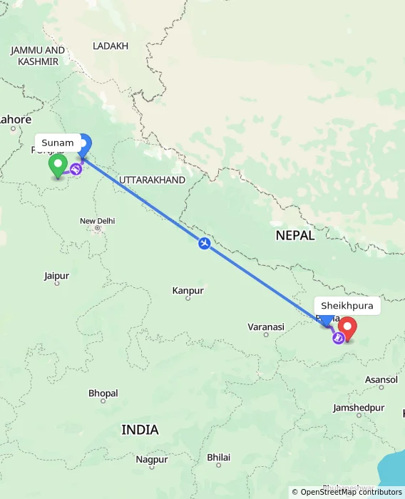 Route map showing distance and travel time from Sunam, India to Sheikhpura, India