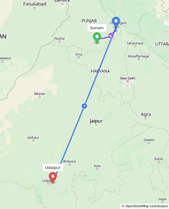 Route map showing distance and travel time from Sunam, India to Udaipur, India