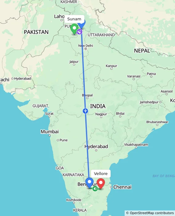 Route map showing distance and travel time from Sunam, India to Vellore, India