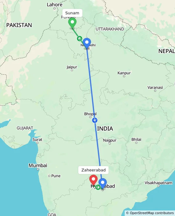 Route map showing distance and travel time from Sunam, India to Zaheerabad, India