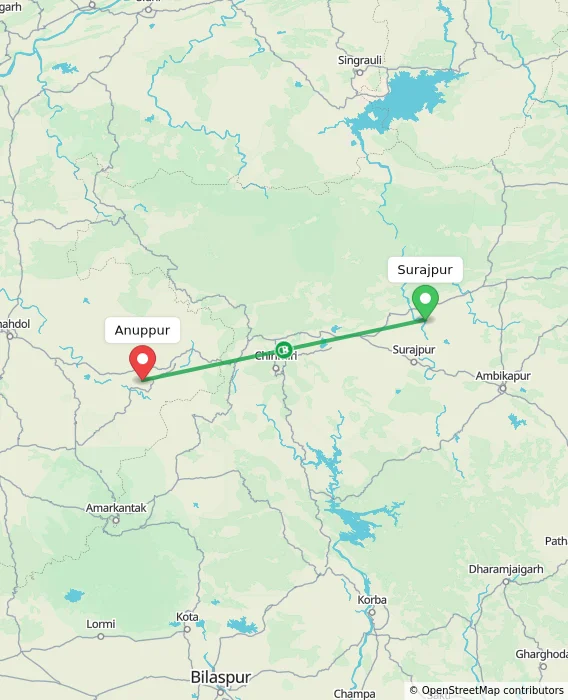 Route map showing distance and travel time from Surajpur, India to Anuppur, India