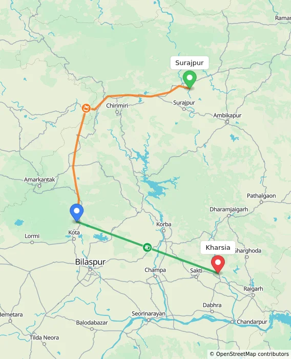 Route map showing distance and travel time from Surajpur, India to Kharsia, India