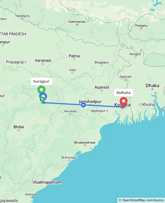 Route map showing distance and travel time from Surajpur, India to Kolkata, India